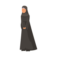 Female Muslim in a traditional ethnic black hijab. Vector illustration in flat cartoon style.
