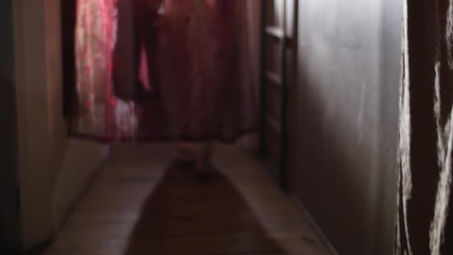 Beautiful Female In Seductive Dress Walking Past Curtains