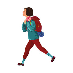 Fototapeta na wymiar Dark-haired camper girl in the sweater with a backpack. Vector illustration in flat cartoon style.