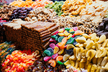 Various exotic candies in food market