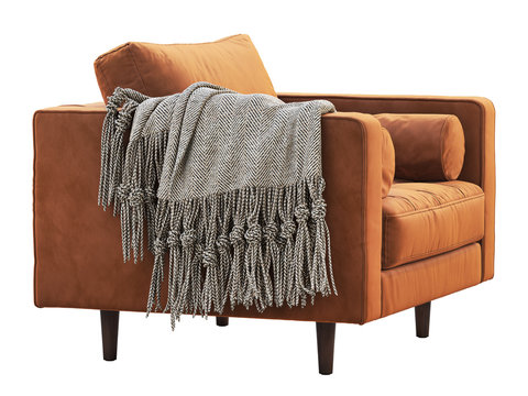 Mid-century terracotta velvet upholstery armchair. 3d render.