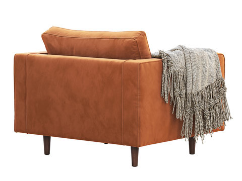 Mid-century terracotta velvet upholstery armchair. 3d render.