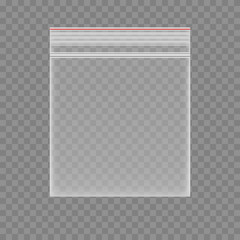 Blank transparent plastic bag with zipper lock isolated on gray background.