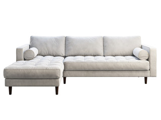 Mid-century corner white velvet upholstery sofa with chaise lounge. 3d render.