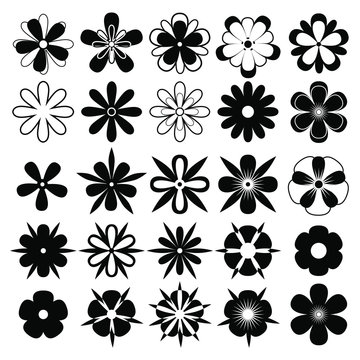 set of 25 flowers clipart, black and white flowers, silhouette, perfect for flyers, textures, business cards