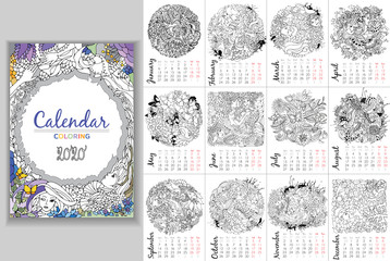 Monthly creative calendar 2020. Set of floral decorative element with surreal female faces, leaves, waves, branches and flowers. Black and white vector illustration for coloring pages or other.
