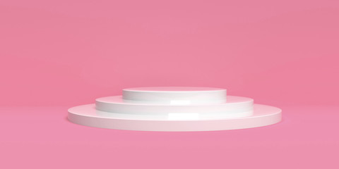 3D rendered room with podium. Pedestals. 3 steps. Pink color