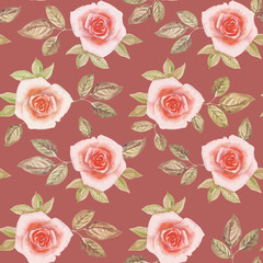 Watercolor image of pink rosebuds and their green leaves on a light burgundy background.