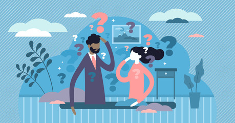 Thinking couple vector illustration. Life confusion in tiny persons concept