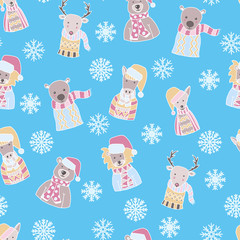 Winter seamless pattern with cute animals and snowflakes in Scandinavian style