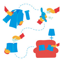Clothes upcycle concept.Secondary use of clothes and soft toy.Recycling of a shirt and toy on a decorative pillow.Woman cut shirt with scissors.Vector flat illustration.Waste reduction.Cartoon style.