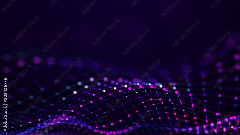 Poster Futuristic dots background. Color music sound waves. Big data visualization. 3d rendering.