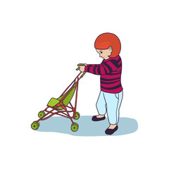 Vector illustration of baby girl with little stroller. Cartoon character, kid with pram, toddler in profile