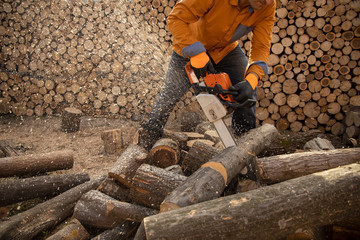 Chainsaw in action cutting wood. Man cutting wood with saw, dust and movements. Chainsaw. Close-up of woodcutter sawing chain saw in motion, sawdust fly to sides.