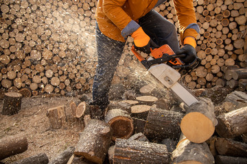 Chainsaw in action cutting wood. Man cutting wood with saw, dust and movements. Chainsaw. Close-up...