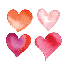 Set of hand painted watercolor hearts. Isolated objects perfect for Valentine's day card or romantic post cards