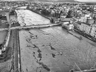 Aerial view of Pisa and the Arno river during a flood, Tuscany, Italy