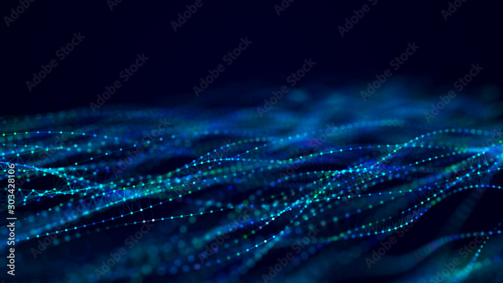 Fototapete Futuristic background of points and lines with a dynamic wave. Big data. Abstract background 3d rendering. 4k.