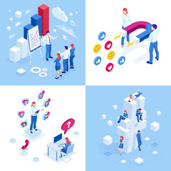 Isometric business concepts. Businessmen and business woman in different situations. Online cooperation, agreement, success, sgoal achievement, financing of projects, online consultation, partnership.