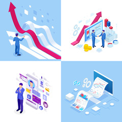 Isometric business concepts. Businessmen and business woman in different situations. Online cooperation, agreement, success, sgoal achievement, financing of projects, online consultation, partnership.