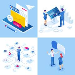 Obraz na płótnie Canvas Isometric business concepts. Businessmen and business woman in different situations. Online cooperation, agreement, success, sgoal achievement, financing of projects, online consultation, partnership.