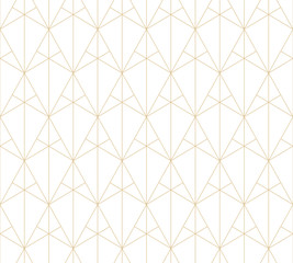 Golden lines pattern. Vector geometric seamless texture with subtle grid, thin lines, triangles, diamonds, rhombuses. Abstract white and gold graphic background. Art deco ornament. Repeated design