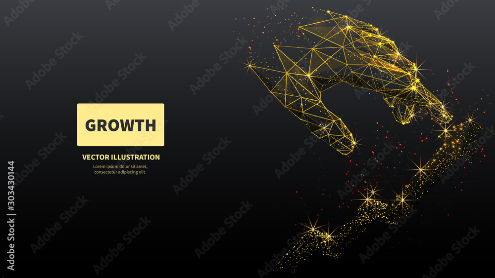 Poster arrow up and hand low poly wireframe illustration. polygonal progress following, personality develop