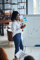 Confident african woman in eyeglasses, wearing white shirt and jeans, using diagrams, motivated african American speaker coach present business plan on whiteboard for workers in modern office