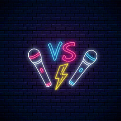 Rap battle neon sign with two microphones, lightning. Rap contest advertisement design. Bright banner of hip-hop music
