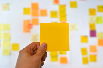 A hand is holding a orange blank sticker and there is a Kanban board of agile methodology on the background, which is a developing trend in Information Technology (IT) business.