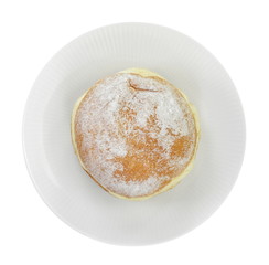 German doughnut berliner with icing sugar isolated on white. Donuts(Sufganiyah) isolated on white background one fresh baked with powered sugar. fresh dough-nut with jam. Serbian krofna