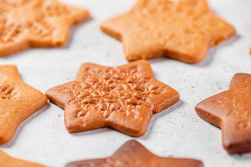 Collection of various gingerbread stars close up