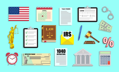 Tax period set with IRS documents and judgement arts in vector flat style