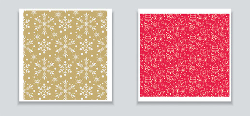 Christmas backgrounds. Two patterns for package paper design, greeting cards, banners, posters. Golden Pattern with snowflakes. Red background with a teddy bear and Christmas tree. Vector graphic