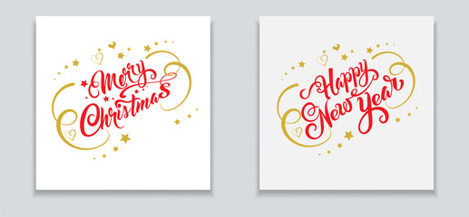 Merry Christmas and Happy New Year: banner, greeting card. Two templates in retro style for design Christmas celebration. Red text and gold decor. Vector image