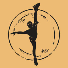 Figure skater silhouette icon vector round shabby emblem design, old retro style. Figure skating logo mail stamp isolated on craft paper. Vintage grunge sign. Winter sport round seal imitation. © Anna Kolesnikova1161