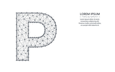 Letter P low poly design, alphabet abstract geometric image, font wireframe mesh polygonal vector illustration made from points and lines on white background