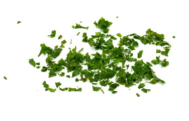 Fresh green chopped parsley leaves isolated on white background and texture, top view. Chopped parsley on a white background isolated. Chopped Parsley Leaves. Fresh Herbs 