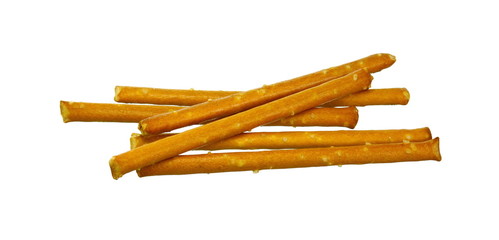 Salty cracker pretzel sticks isolated on white background. 