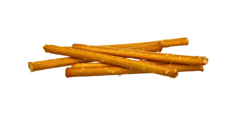Salty cracker pretzel sticks isolated on white background. 
