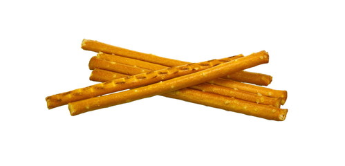 Salty cracker pretzel sticks isolated on white background. 