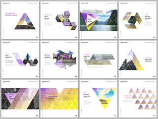 Minimal brochure templates with triangular design background, triangle style pattern. Covers design templates for square flyer, leaflet, brochure, report, presentation, advertising, magazine.