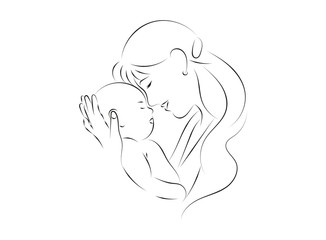 Mother and baby stylized vector symbol, mom hugs her child logo template