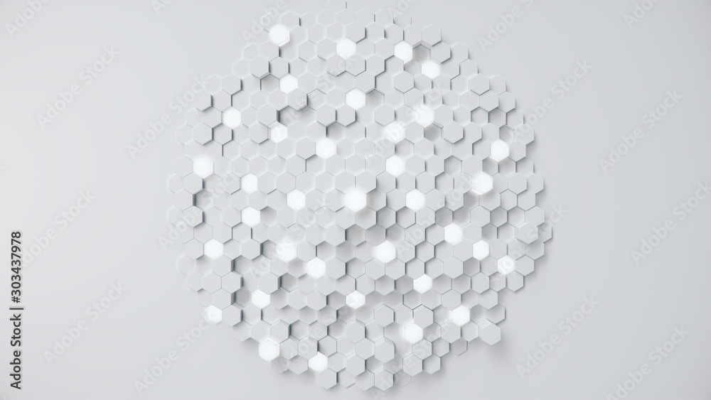 Poster white geometric hexagonal abstract background. surface hexagon pattern with glowing hexagons, hexago