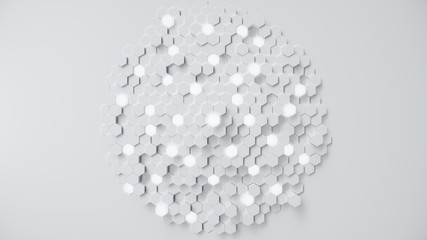 White geometric hexagonal abstract background. Surface hexagon pattern with glowing hexagons, hexagonal honeycomb.Abstract white self-luminous hexagons. Futuristic abstract background. 3D Illustration