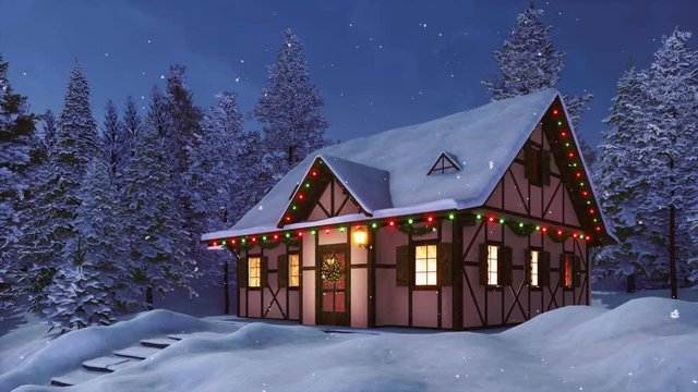 Cozy half-timbered rustic house decorated for Xmas with christmas lights and garlands among snow covered fir forest at winter night during snowfall. With no people festive 3D animation rendered in 4K