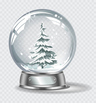 Vector realistic transparent silver  snow globe  with snow and christmas tree on a light abstract background