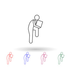A man is holding a box on his knees multi color icon. Simple thin line, outline vector of carrying and picking a box icons for ui and ux, website or mobile application