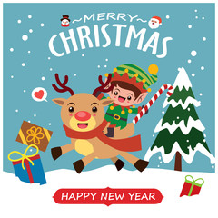 Vintage Christmas poster design with vector Snowman, reindeer, elf, Santa Claus characters.