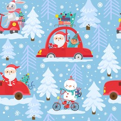  Seamless pattern with funny Christmas transport and personages. Santa Clause in car, rabbit on scooter, snowman on bicycle. Vector illustration